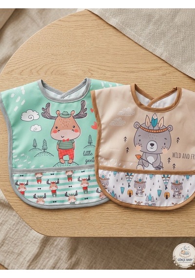Set Kısa Kollu Bağlamalı Ayarlanabilir Sıvı Geçirmez Aktivite ve Mama Önlüğü Geyikli & Kızılderili Çok Renkli 2'li