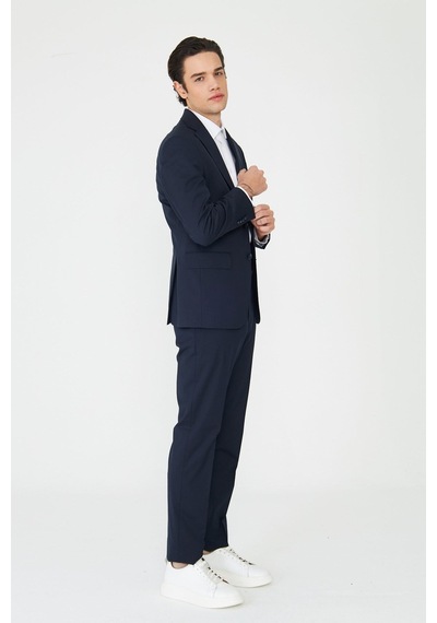 Lacivert Modern Slim Fit Dokulu Kumaş Şık Klasik Yaka Zamansız Takım Elbise Laci