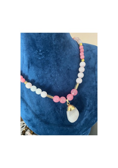 Leyan Doğal Taş 8-10 Mm Pembe Kuvars Taşı Tasarım Kolye Pembe Pembe