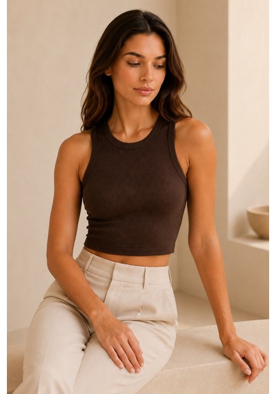 Loule Kadın 3'lü Bisiklet Yaka Kolsuz Crop Top Beyaz-bej-kahverengi Çok Renkli