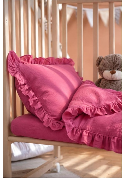 H&c Cool Boy Bebek Müslin Nevresim Takımı 4 Parça 100x150 CM Çarşaflı 2 Yastık Kılıflı Fırfırlı Fuşya Pembe