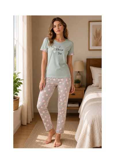 Ertaş Trend Sore Kadın Pamuklu Penye Baskılı Kısa Kollu Bisiklet Yaka Pijama Takımı - Mint Birden Fazla