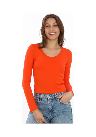 V Yaka Slim Fit Tişört-mercan Mercan