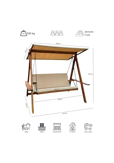 Riva 2100 3 Kişilik Ahşap Bahçe Salıncağı, Balkon ve Teras Salıncağı, Tenteli Camel