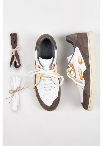 Krahe Artemis Erkek Hakiki Deri Eskitme El Boyamalı Bağcık Ve Iki Yedek Bağcıklı Beyaz-Vizon Sneakers 001
