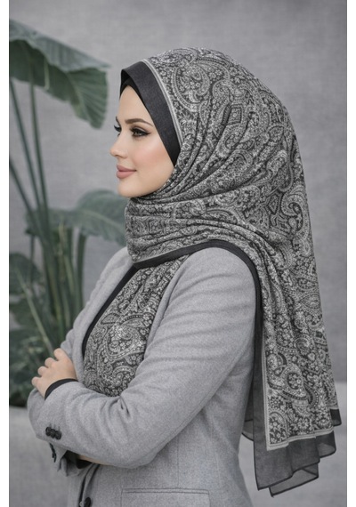 Eyfel Pamuklu Soft Özel Seri Şal Etnik & Çiçekli Desen, Orjinal, Tesettür Giyim, Yeni Koleksiyon Siyah - Gri