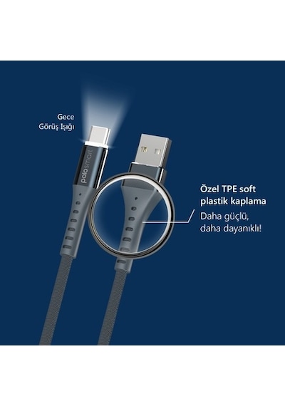 Polosmart Psm26 Type-C Led Aydınlatmalı Şarj Ve Data Kablo Siyah