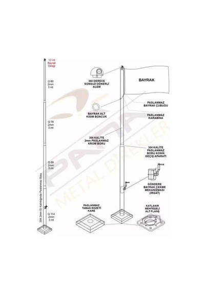 12 Metre İnox 304 Kalite Paslanmaz Krom Çelik Profesyonel Bayrak Direği Standart