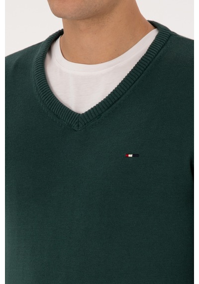 U.S. Polo Assn. Erkek Slim Fit V Yaka Koyu Yeşil Basic Kazak 50313668-VR079
