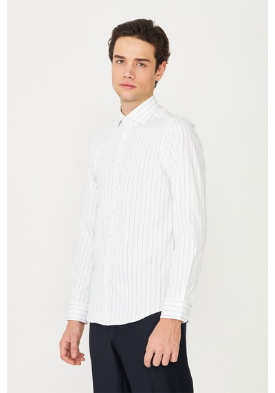 Beyaz Mavi Çizgili Uzun Kollu Gömlek Slim Fit Beyaz-mavi