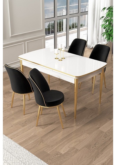 Canisa Pale Serisi 80x132 Açılabilir Beyaz Mutfak Masa Takımı 4 Krem Sandalye Gold Detay Masa Beyaz Sandalye Siyah Ayak Gold Canisa Pale Serisi 80x132 Açılabilir Beyaz Mutfak Masa Takımı 4 Krem Sandalye Gold Detay Masa Beyaz Sandalye Siyah Ayak Gold