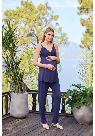 Monamise 25054 Lacivert 3'lü Hamile Lohusa Pijama Sabahlık Takım