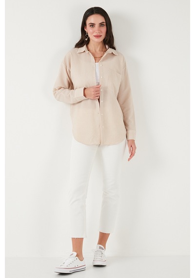 Lela Regular Fit Uzun Kollu Cepli Çizgili Bayan Gömlek 6772895 Taş