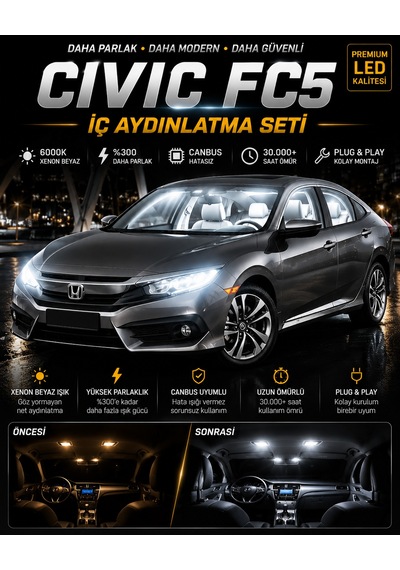 Civic Fc5 İle Uyumlu 2016-2021 Uyumlu Led İç Aydınlatma Seti Xenon Beyaz 6000k 6 Parça