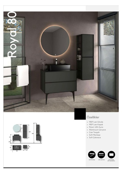 Evros Royal 80 Cm Banyo Dolabı Boy Dolabı Dahil Siyah
