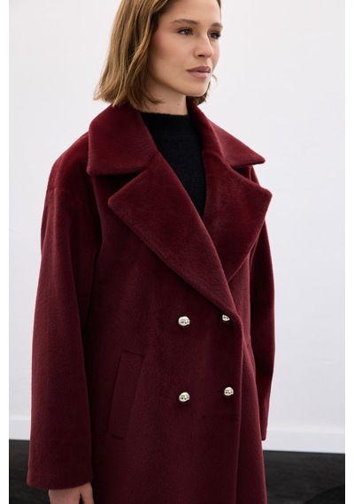 Sateen Uzun Düğme Detaylı Kaban - Bordo-138137