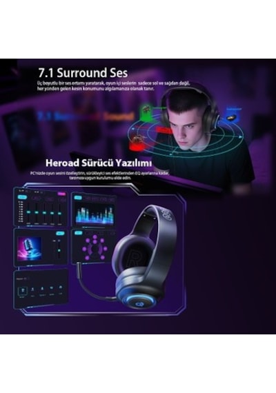 Qcy Heroad V200 Rgb 7.1 Usb Kablolu Gaming Oyuncu Kulaklığı Pc