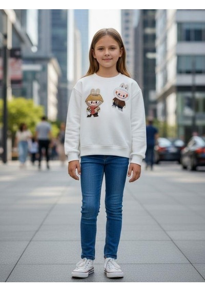 Kız Çocuk Pamuklu Karakter İşlemeli Sweatshirt-16392 Ekru Kız Çocuk Pamuklu Karakter İşlemeli Sweatshirt-16392 Ekru