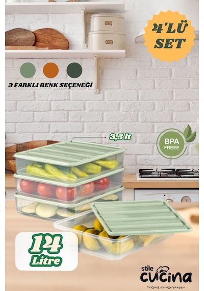 4'lü Buzdolabı Düzenleyici Organizer Mikrodalgaya Uygun Difriz Saklama Kabı Mint