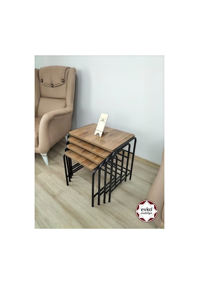 Evko Mobilya Buket Sehpa, 4'lü Zigon Sehpa, Servis Sehpası, Iç Içe Geçen Sehpa, Ahşap Sehpa, Dikdörtgen Sehpa Ceviz