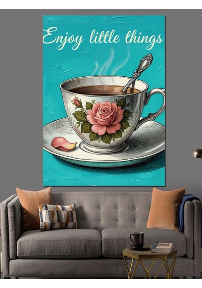 Karizma Tablo Vintage Çay Saati Kupası Dekoratif Kanvas - Mdf Ahşap Tablo