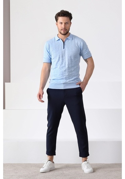 Ferraro Mavi Polo Yaka Fermuarlı Erkek Pamuk Triko T-Shirt-Mavi (417942224) Mavi