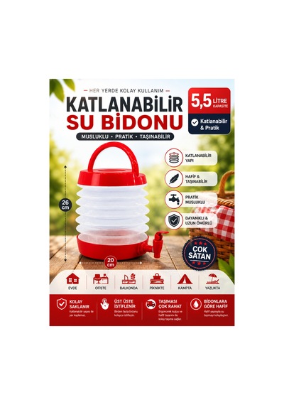 Katlanabilir Musluklu Su Bidonu 5,5 Litre Taşınabilir, Pratik, Kamp & Piknik İçin Kırmızı