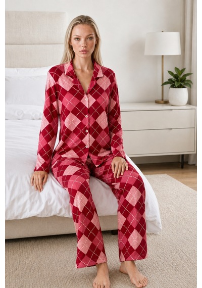 Kadın Casual Esnek Bol Kırmızı Pijama Takımı 4668