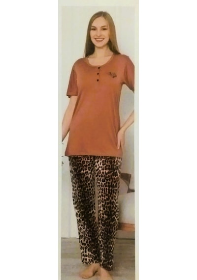 Miss Melina Bambu Kısa Kol Kadın Pijama Takımı Leopar Kahverengi - Leopar