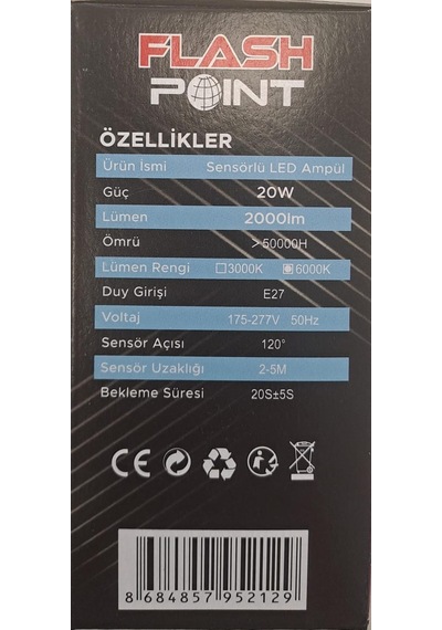 Flash Poınt E27 Duy Sensörlü Led Ampül 20 W 2000lm Beyaz Işık
