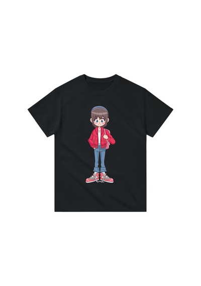 Paybuy Çocuk Anime Karakter Baskılı Tişört %100 Pamuk Kısa Kol Yuvarlak Siyah