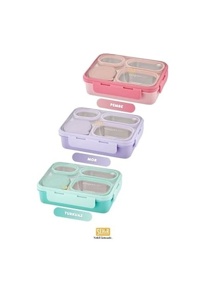 950ml Lunchbox Tek Katlı 4 Bölmeli Çelik Sefer Tası Yemek Kutusu Turkuaz Açık
