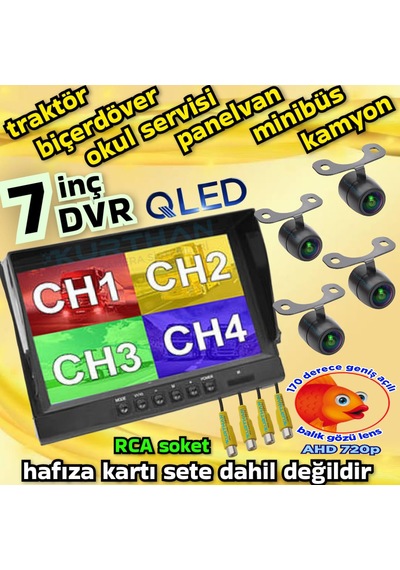 4 Adet Ledsiz Ahd 720p Balık Gözü Lens Kelebek Kamera 7 İnç Qled Hybrid Dvr Monitör 12 Volt 256 Gb