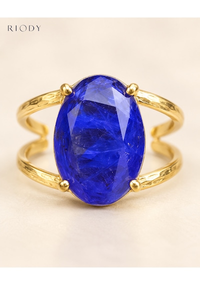 Riody Regard Bleu Gold Kaplama Mavi Kedi Gözü Doğal Taşlı Ayarlanabilir Kadın Yüzük Altın - Mavi