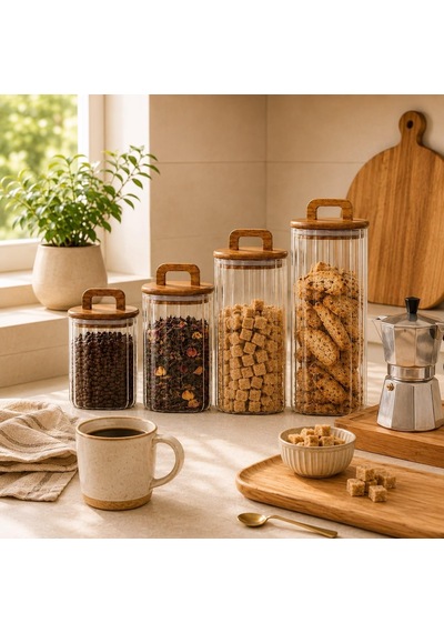 Akasya Kapaklı Line Cam Kavanoz 4 Lü Set 700 Ml 1100 Ml 1500 Ml 1850 Ml Mutfak Saklama Kabı Çok Renkli