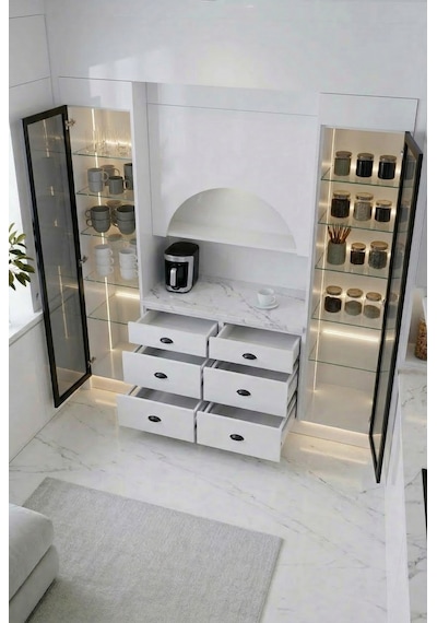 Lüks High Gloss Mutfak Dolabı & Kahve Köşesi Mdf Gövde, Led Aydınlatmalı, 6 Çekmeceli 190x230 Beyaz Lüks High Gloss Mutfak Dolabı & Kahve Köşesi Mdf Gövde, Led Aydınlatmalı, 6 Çekmeceli 190x230 Beyaz