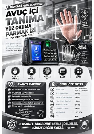 Avuç Okuma-yüz Okuma-parmak İzi Okuma Ve Kartlı Personel Kontrol Cihazı -giriş-çıkış Yazılımı Ve 15 Kart Hediye