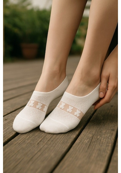 Hitit Socks Kadın 5 Çift Premium Kalite Kalp Desenli Tül Çorap Beyaz ASORTİ