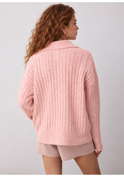 Maison Velora Kadın Pembe Polo Yaka V Yaka Fitilli Oversize Triko Kazak Pudra Pudra