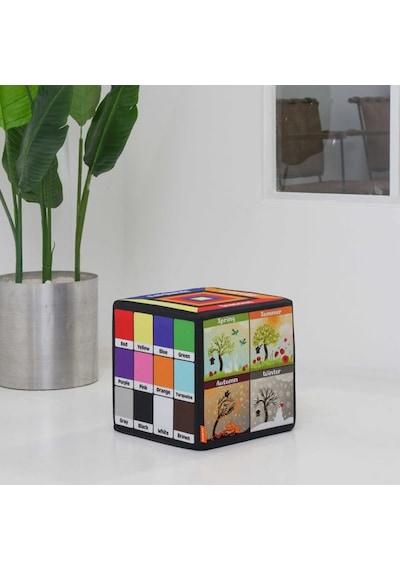 Missidea İngilizce Eğitici Küp Minder 33x33 Cm Çocuklar İçin İnteraktif Dil Gelişim Pufu Çok Renkli