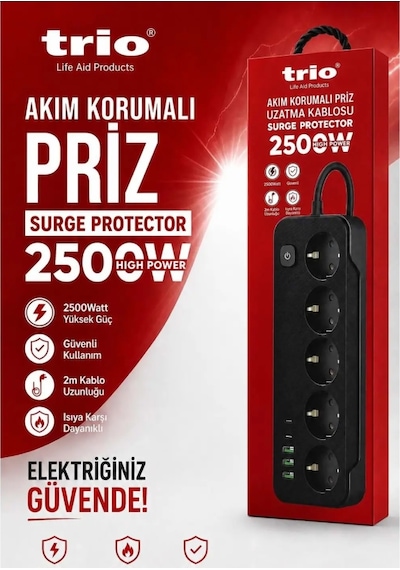 Trio Tr3441 Akım Korumalı 5li Priz Uzatma Kasblosu 2mt 3usb/2type-c 2 m