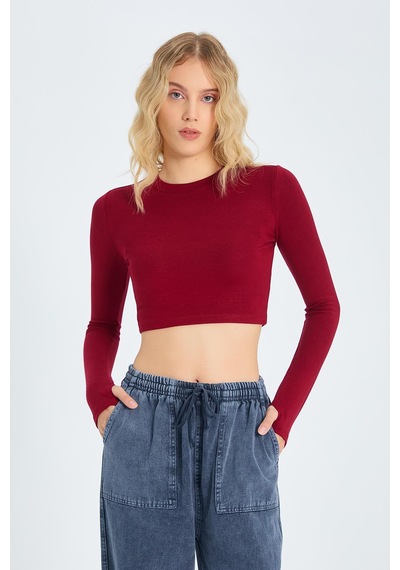 Mixray 2005 Kadın Bisiklet Yaka Parmak Geçmeli Crop Örme Bluz Bordo Bordo