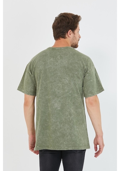 Erkek Parça Boya Baskılı Oversize Basic T-shirt Haki