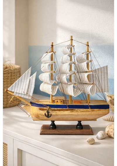 Ahşap El Yapımı Yelkenli Gemi Maketi Masa Üstü Biblo Dekoratif Premium Hediye 24 X 24 Cm 529 Eb Çok Renkli