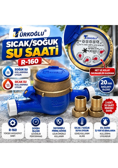 Türkoğlu Remont Su Sayacı - Ev İşyeri Tipi Su Saati-r161 +2 Bağlantı Rekorları Beyaz