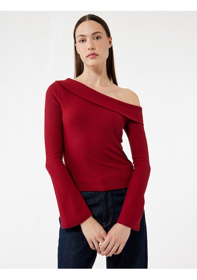 Koton Pamuklu Slim Fit Uzun İspanyol Kollu Omzu Açık Tişört Bordo 6wak50039ek Bordo