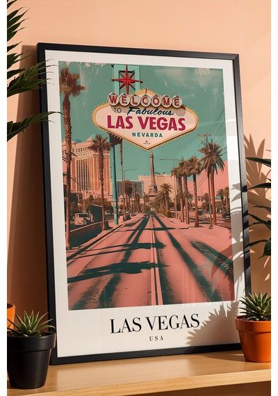 Las Vegas Welcome Vintage Seyahat Posteri Çerçeveli Tablo - Premium Nevada Elit Duvar Dekoru Siyah