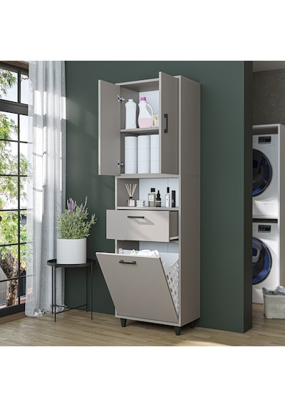 Çamaşır Sepetli Banyo Dolabı, Çok Amaçlı Çekmeceli Dolap 60 X 200 Cm Kumtaşı
