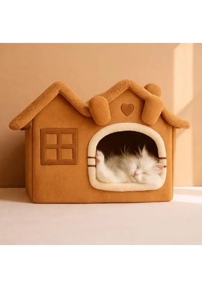 Peluş Kedi Evi, Minderli, Katlanabilir, Camel Renk