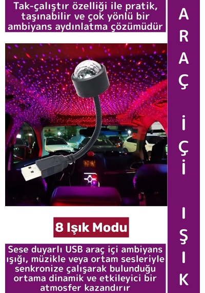 Ev Ofis Kamp 8 Farklı Işık Modu Sese Duyarlı Pratik Tak Çalıştır Çok Şık Usb Araç İçi Ambiyans Işığı Çok Renkli